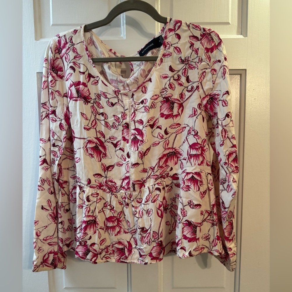 MINKPINK Floral Peplum Blouse Size M Cream Pink Romantic Cottagecore Top